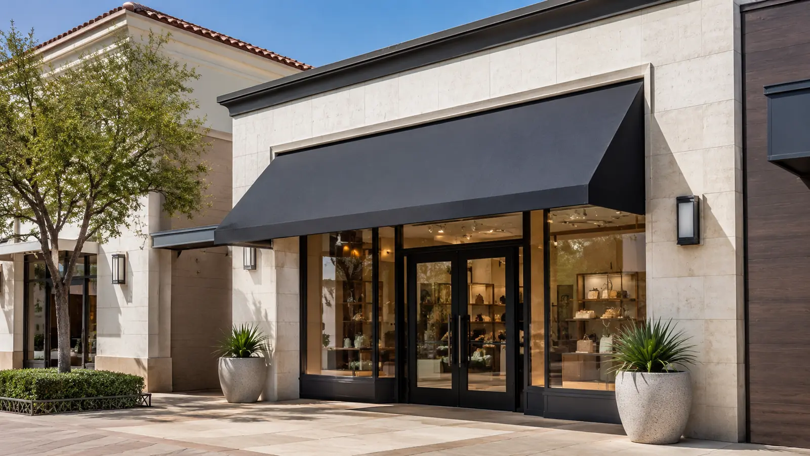 A branded fabric storefront awning installed over a San Antonio commercial business entrance, representing the awning types and costs covered in this guide.
