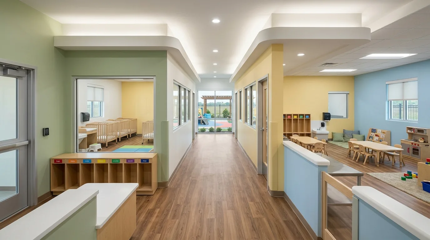 A bright, welcoming Texas licensed childcare center interior shown in finished condition, with separate age-grouped classrooms visible through interior windows: an infant room with cribs and a low diapering station beside a sink, a toddler room with child-height tables and cubbies, and a pre-kindergarten room with reading and activity centers. Durable easy-to-clean luxury vinyl flooring runs throughout, walls are painted in warm cheerful tones, and a secured reception and sign-in area sits near a controlled-access front entry. A glimpse of a fenced outdoor playground with rubberized safety surfacing is visible through a window. The space looks safe, organized, and compliant with childcare licensing standards.