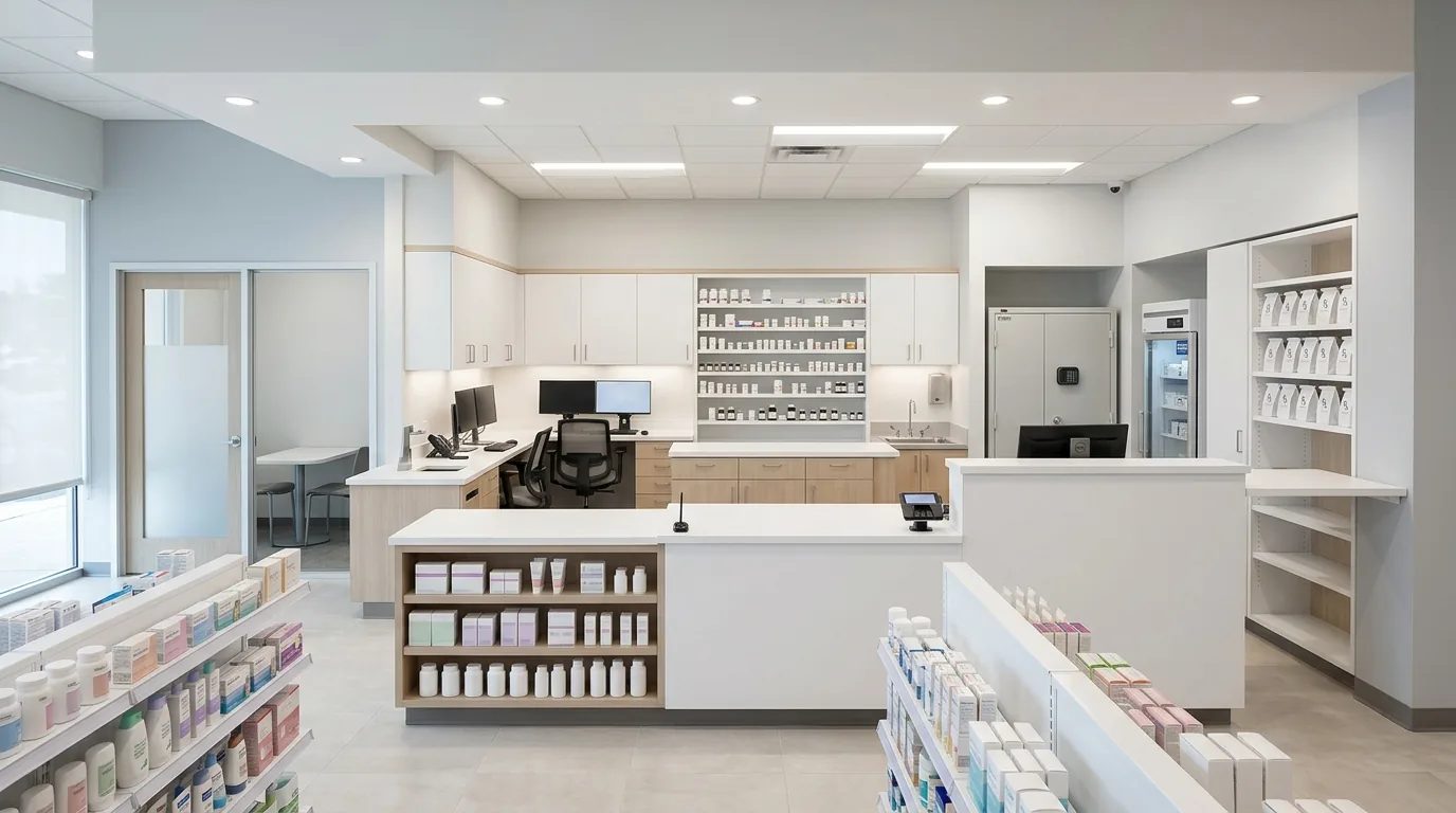 A clean, modern independent Texas pharmacy interior shown in finished condition, with a clear prescription workflow visible behind the counter: a drop-off and data-entry station, a central filling area with organized medication shelving, a pharmacist verification station, and a will-call pickup point. A semi-private consultation room with a door sits to one side for patient counseling, and a secured area for controlled substances is suggested by a locked storage cabinet. The front of house has a small retail section with over-the-counter products on low gondola shelving, an ADA-height pickup counter, and a refrigerated unit for temperature-sensitive medications. The space is bright, organized, and professional.