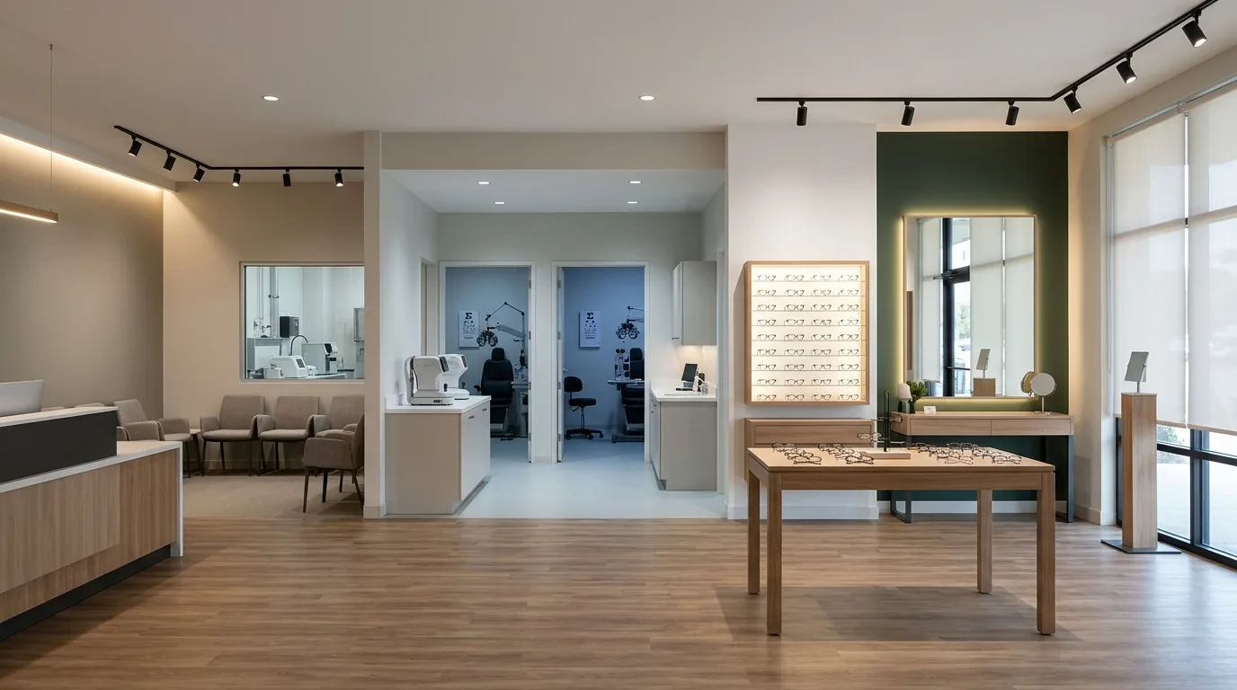A modern Texas optometry office interior shown in finished condition, with a welcoming reception and insurance check-in area in the foreground, a bright optical dispensary displaying eyeglass frames on backlit wall boards and low display tables, and a styling table with mirrors for frame selection. Beyond a doorway, a pretesting area with diagnostic equipment leads to two exam lanes, each with an exam chair, a phoropter on an articulating arm, and a wall-mounted acuity chart, with controlled dimmable lighting for refraction. A small contact lens fitting and dispensing counter and a frame edging lab are visible to one side. The space is clean, professional, and warmly lit in the retail areas.