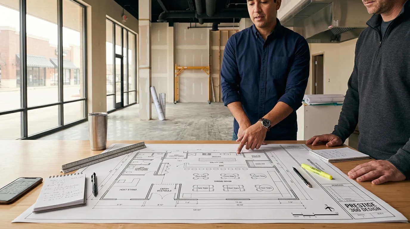 A restaurant owner and an interior designer review a printed restaurant floor plan and layout drawing on a large wooden table inside a partially built-out Texas restaurant space, with marked-up dimensions, seating arrangements, kitchen line layout, and bar zone visible on the drawing, natural light from tall storefront windows, exposed ductwork above, polished concrete floor below, and rolls of additional drawings nearby, conveying the planning stage before construction begins on a new Texas restaurant buildout