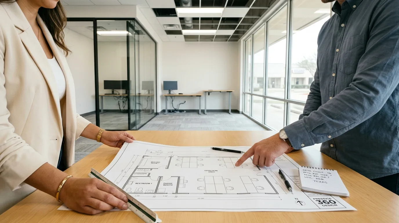 A small business owner and an interior designer stand inside a compact under-2500-square-foot Texas office suite reviewing a printed small office floor plan, with a mix of open workstations, one glass-walled meeting room, a phone booth, and a small break area visible in the layout drawing, daylight from windows on one side, light gray carpet tile, white walls, and modern desks partially installed in the background, conveying the planning of an efficient small office layout for a growing Texas business