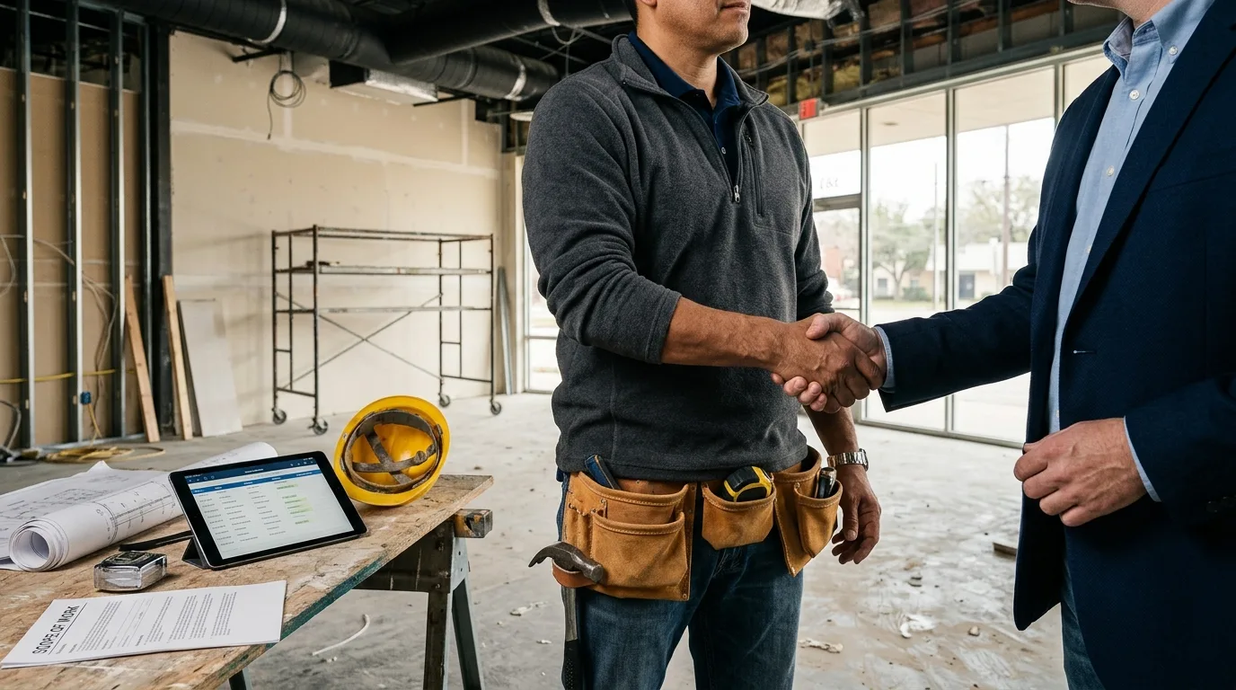 A commercial business owner shakes hands with a tenant improvement contractor inside a partially built-out Texas commercial space, with framed interior walls, a rolled set of construction drawings on a sawhorse table, a hard hat and tablet nearby, exposed ceiling and concrete floor, and daylight through storefront windows in the background, conveying the moment of selecting and hiring a trusted tenant improvement contractor for a commercial buildout