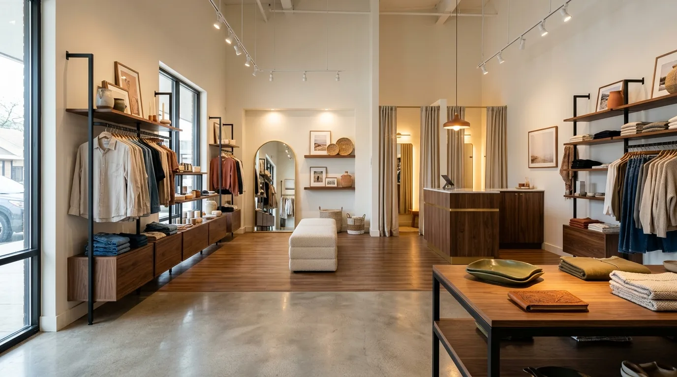 The interior of a beautifully designed boutique retail store for an independent Texas brand, showing curated clothing displays on warm wood and matte black fixtures, a feature wall with accent lighting, a welcoming entry zone with a focal display table, soft layered lighting, polished concrete and warm wood flooring, a stylish point-of-sale counter in the background, and fitting room entrances framed by curtains, conveying a premium boutique interior design that balances brand feeling with a sales-driven layout