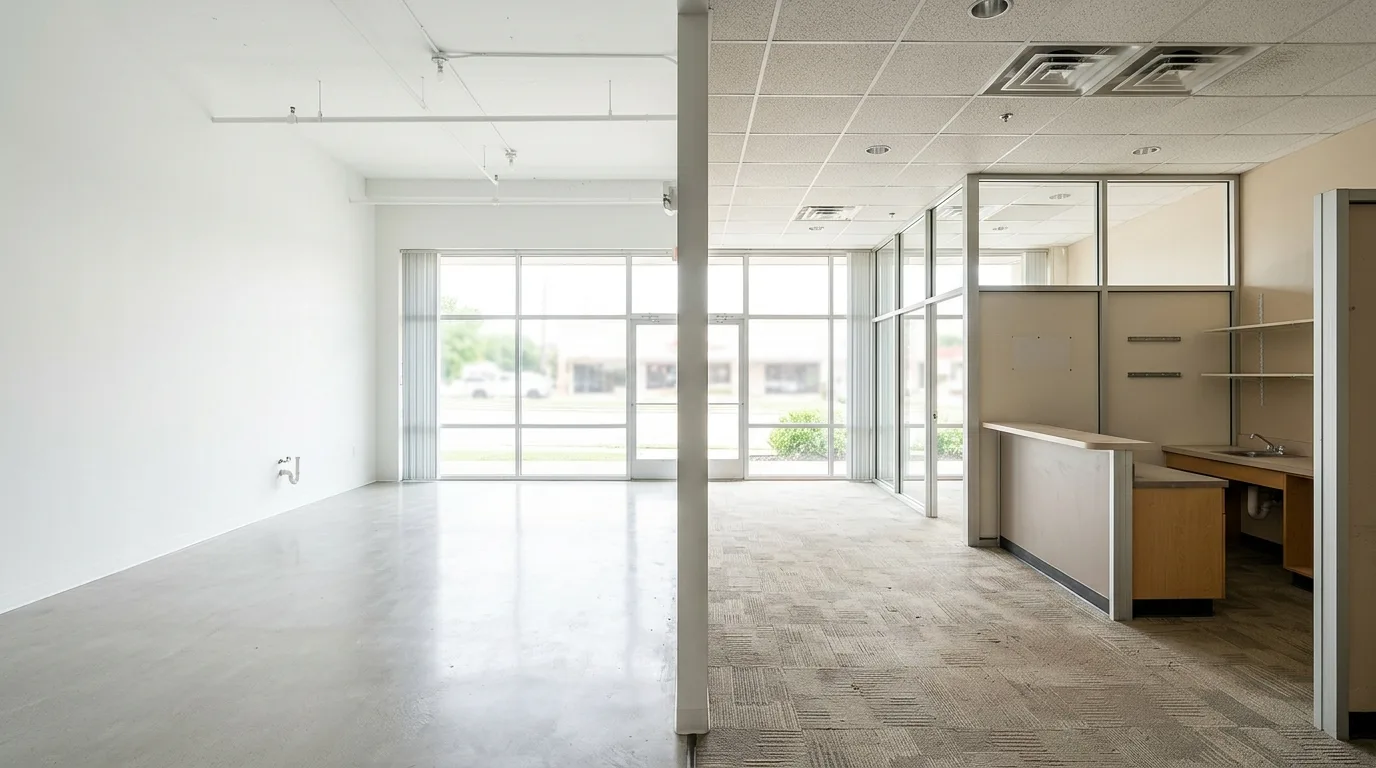 A side-by-side conceptual view inside a Texas commercial building showing on one side a clean white box vanilla shell space with smooth white walls, a finished concrete floor, basic overhead lighting, and a capped utility stub, and on the other side a second-generation space with an existing previous tenant buildout including partition walls, a former reception counter, existing ceiling grid and lighting, and leftover flooring, illustrating the contrast between the two commercial lease delivery conditions a business owner must choose between