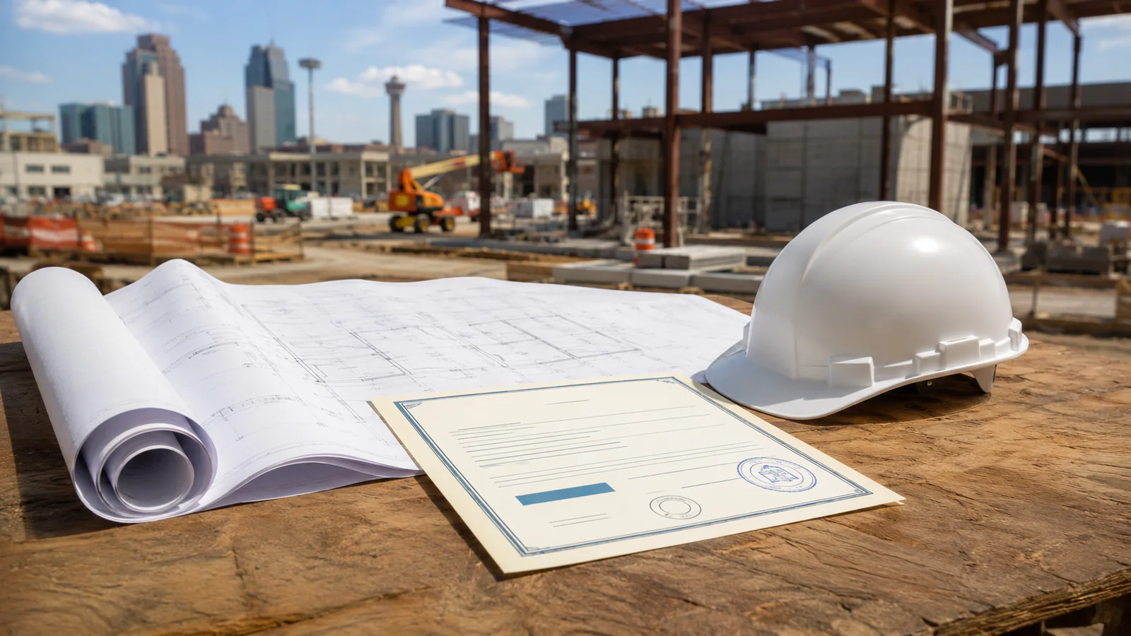 A stack of commercial building permit documents and architectural plan sets on a desk at a San Antonio Development Services Department review counter, illustrating the permitting and plan review process covered in a commercial building permit cost guide.