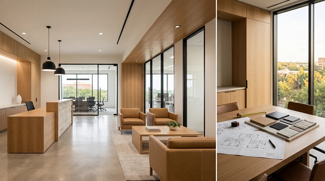 Split view of a completed Texas commercial interior with warm oak millwork, polished concrete floors, and professional-grade lighting on the left, and a design review table with architectural drawings and material samples on the right, conveying expertise and professional commercial design execution