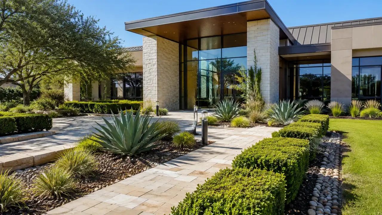 A professionally maintained commercial landscape with drought-tolerant plants and irrigation in front of a San Antonio business, representing the cost factors covered in this guide.