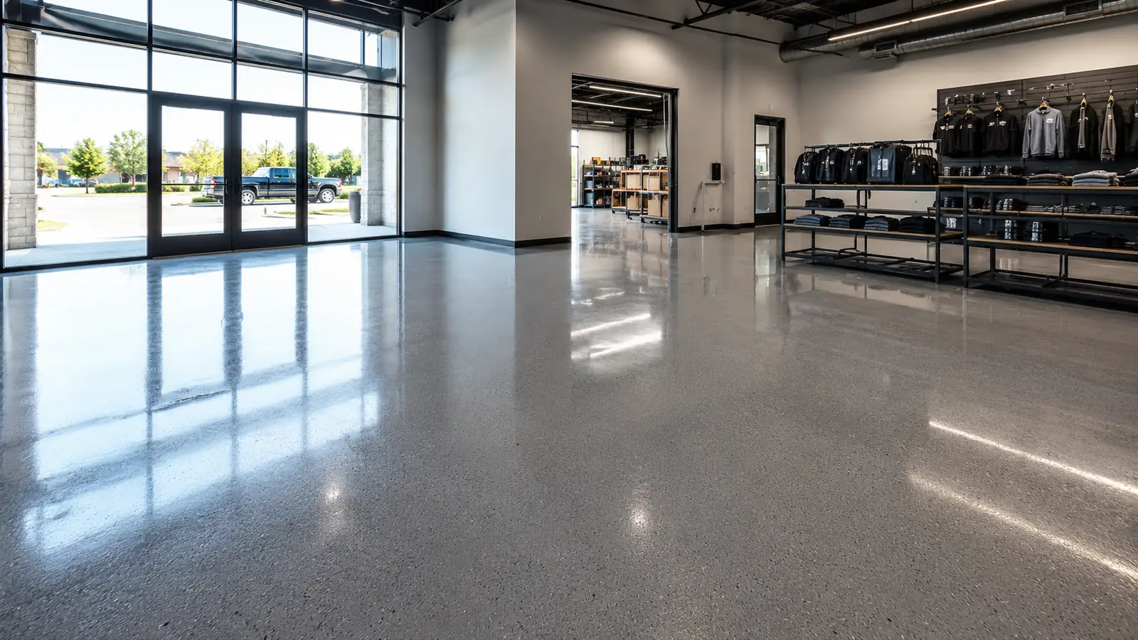 A commercial epoxy flooring technician applying a fresh coating with a roller across a large warehouse floor in San Antonio, representing the local epoxy flooring companies compared in this guide.