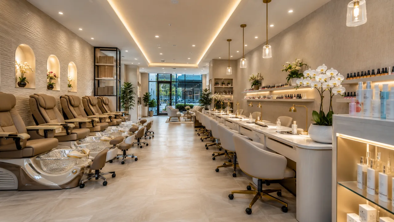 Bright modern nail salon and day spa interior in Texas with a clean row of manicure stations, comfortable pedicure chairs along one wall, soft neutral finishes, warm layered lighting, source-capture ventilation at the stations, retail display near the entrance, an empty styled space showing calm efficient flow