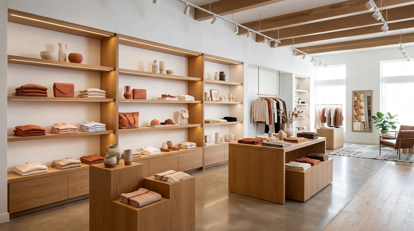 Modern boutique retail interior with expertly staged product displays on warm oak shelving, accent lighting highlighting merchandise at eye level, and intentional negative space guiding customer flow through the store