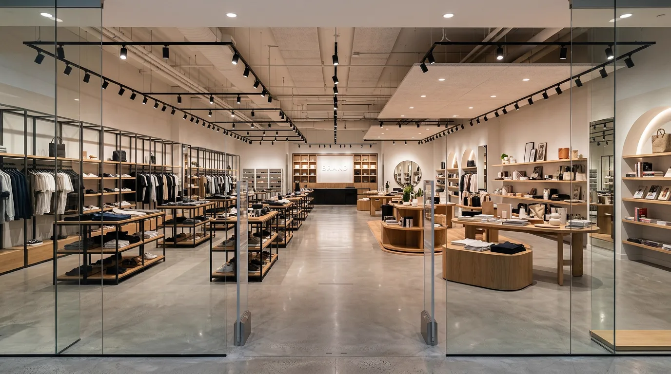 Wide-angle view of a modern retail store showing organized grid-pattern display fixtures on the left transitioning to open free-flow zones on the right, with clear sight lines from entrance to back wall and polished concrete floors under professional track lighting