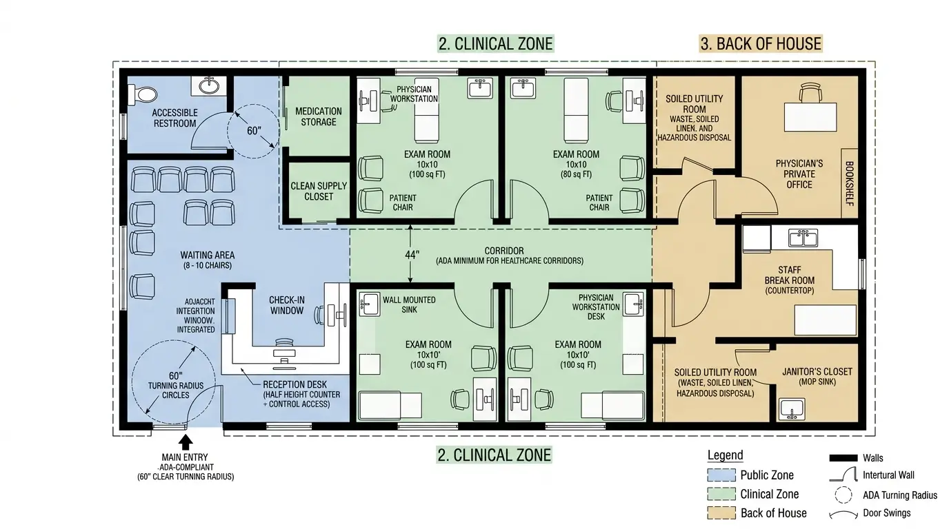 Floor plan view of a small Texas medical clinic showing the three-zone layout: a public zone with reception desk and waiting area in the front, a clinical zone with four exam rooms arranged on a central corridor with a nurse station at the corridor entrance, and a back-of-house zone with a clean utility room, soiled utility room, physician office, and staff break room. ADA-compliant corridor widths of 44 inches are indicated, and each exam room shows a wall-mounted sink location near the entry door.