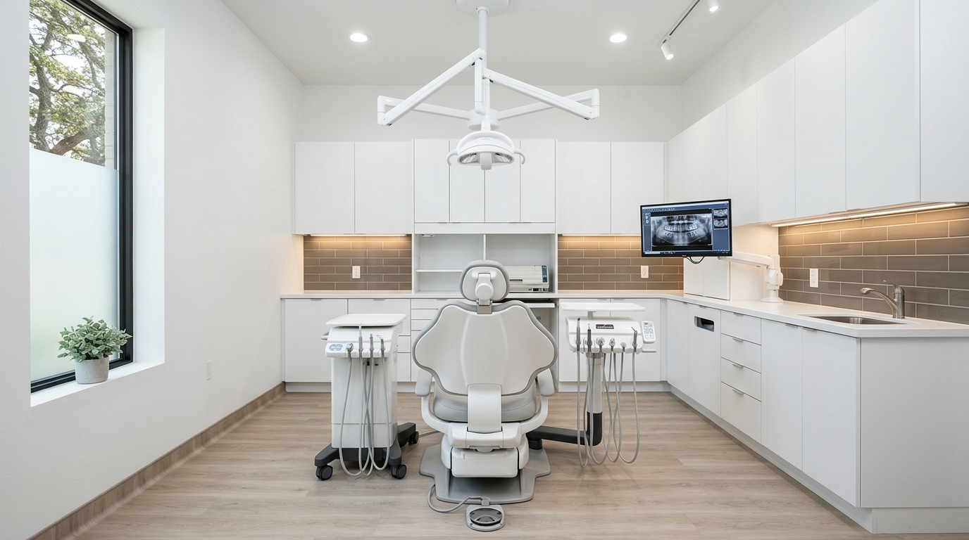 Dental office sterilization room with stainless steel pass-through autoclave window, separate contaminated and sterile zones clearly demarcated, deep sink with gooseneck faucet, wall-mounted instrument storage cabinets with clear doors, ultrasonic cleaner and autoclave on countertop, epoxy flooring.