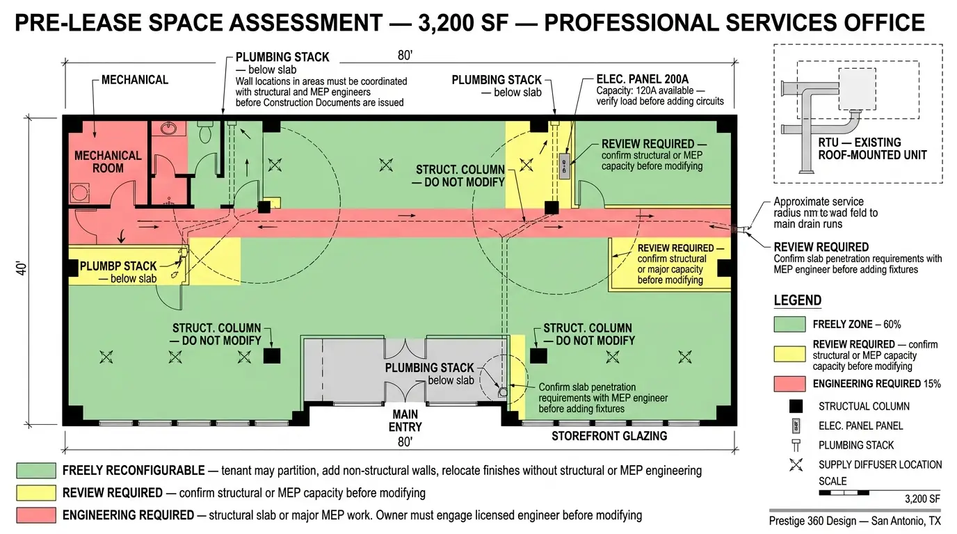 A commercial space planning diagram for a 3,200 square foot Texas professional services office showing dimensioned floor plan with annotated structural columns, electrical panel location, plumbing stack locations, and mechanical unit positions on the roof above. Arrows indicate the direction of main drain runs below the slab. Color-coded zones show which areas can be freely reconfigured by a tenant versus areas that require structural or MEP engineering review before modification. The drawing reflects a real pre-lease assessment deliverable used by Prestige 360 Design.