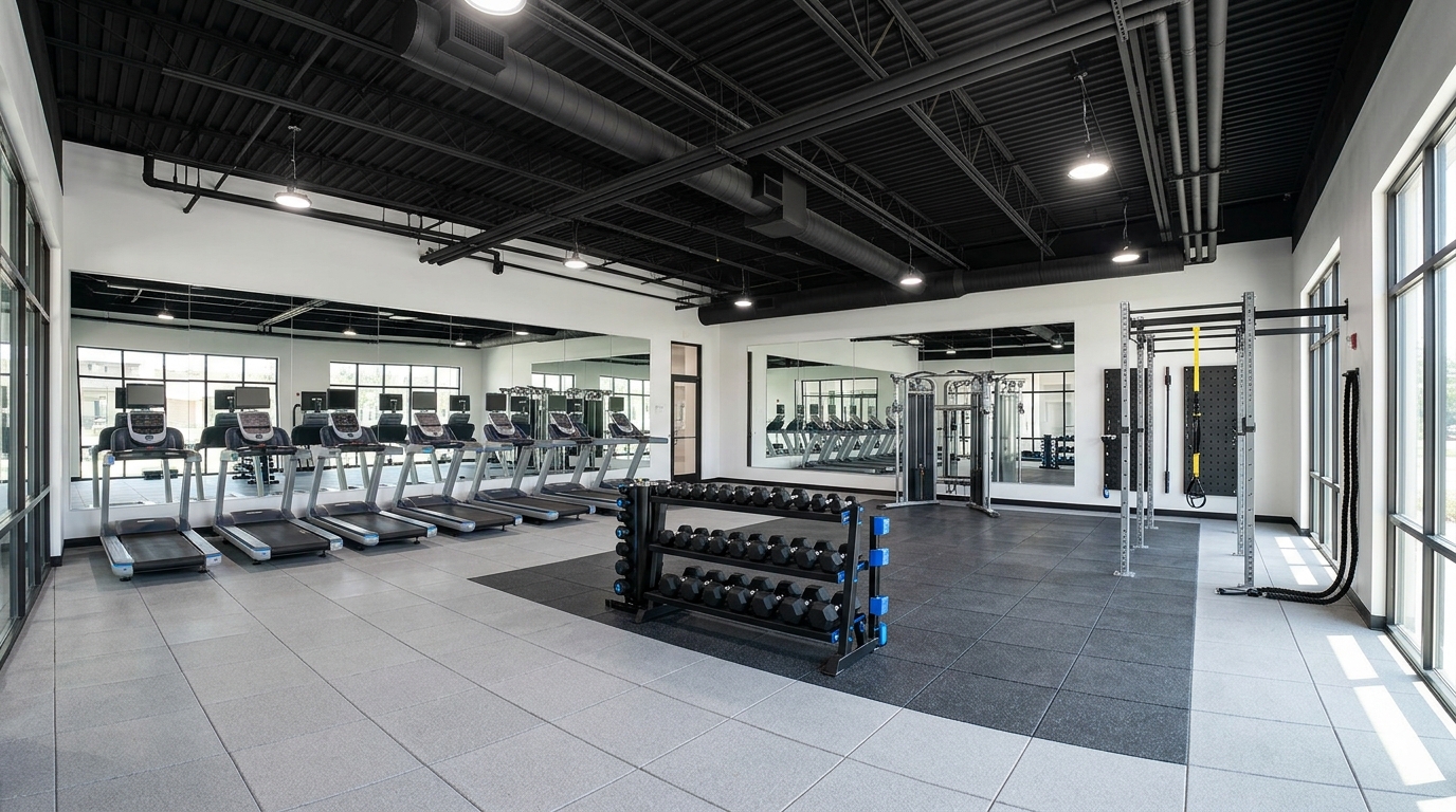 Commercial gym interior in Texas showing clearly separated equipment zones: a free weight area with rubber flooring and mirrored wall on the left, a cardio row with treadmills and ellipticals facing floor-to-ceiling windows in the center, and a functional training zone with turf, battle ropes, and a pull-up rig on the right.
