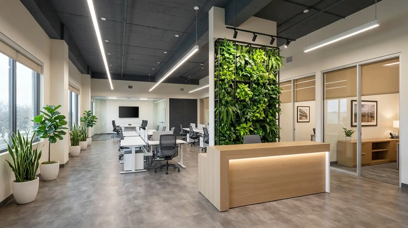 A finished commercial office interior in San Antonio, Texas, featuring floor-to-ceiling glass partition walls separating private offices from an open-plan workstation area. Exposed concrete ceiling with pendant lighting and track fixtures. Biophilic design elements include a living wall panel behind the reception desk and potted plants along the window line. A 12-person conference room is visible through glass walls with motorized shades in the lowered position. The finish palette uses warm white oak millwork, charcoal upholstered seating, and concrete-look luxury vinyl tile flooring throughout.