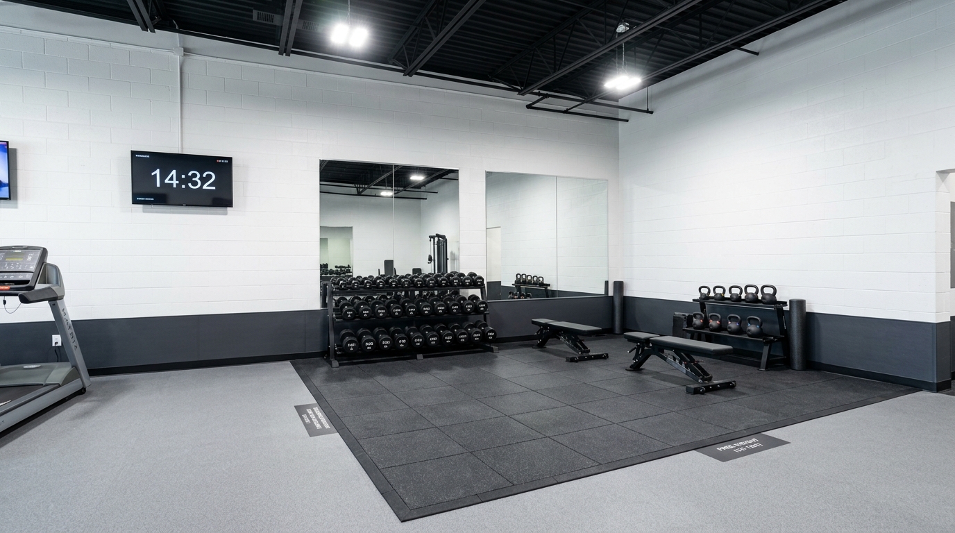 Commercial gym free weight zone with three power racks lined against a full-length mirror wall, rubber flooring in dark charcoal, ceiling-mounted LED track lighting at 14 feet providing bright even illumination across the racks, dumbbell rack below the mirror with weights from 5 to 100 pounds.