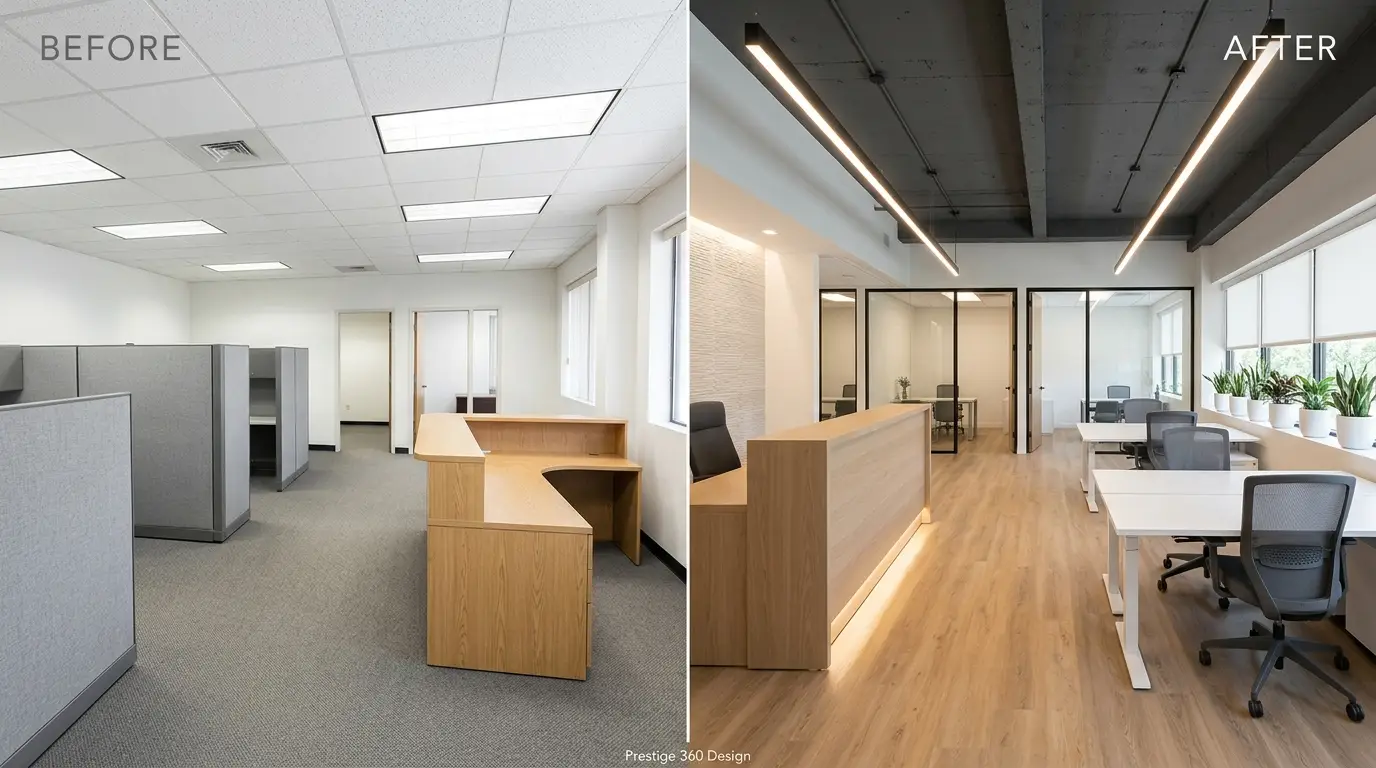 Two side-by-side images of a 2,800 square foot San Antonio professional office before and after a commercial interior design project by Prestige 360 Design. The before image shows a dated open-plan layout with fluorescent box lighting, carpeted floor, and cubicle workstations. The after image shows the same space with an exposed ceiling painted dark gray, pendant linear LED fixtures at 3000K, luxury vinyl plank flooring in a warm oak tone, glass demountable partition walls around three private offices, and a custom white oak reception desk with an integrated planter. All elements are consistent with ADA-compliant design and IECC energy code compliance.