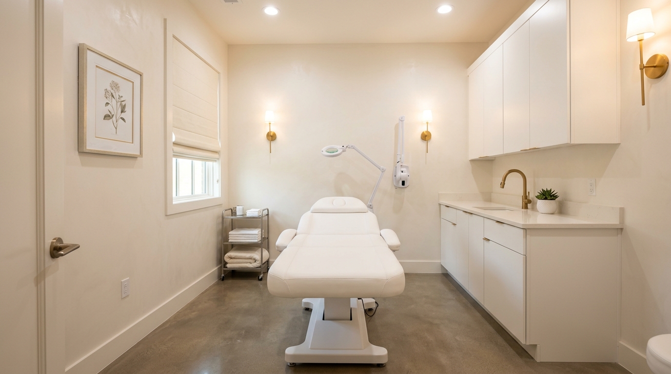Med spa consultation room interior with a light oak desk, two upholstered client chairs in warm cream fabric facing the desk, a large monitor on a swing arm showing treatment visualization software, warm recessed lighting at 2700K, a framed abstract art piece on the wall, and a frosted glass door panel providing visual privacy from the hallway.