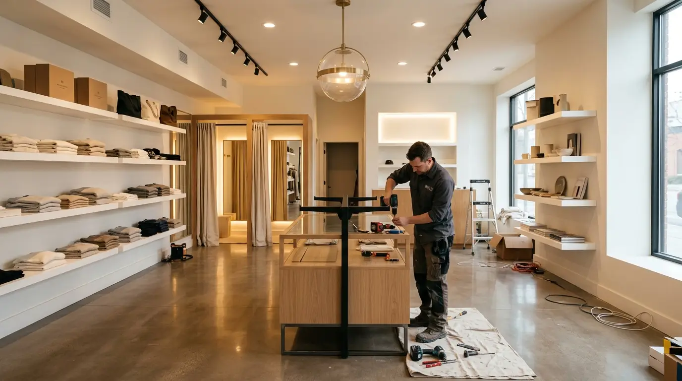 Interior photograph of a boutique retail store nearing the final stage of a high-end commercial buildout. The space features warm white walls, polished concrete floors with a subtle sheen, and recessed LED lighting casting warm amber light. Custom white lacquered floating display shelves line the walls, partially stocked with neatly arranged products. A professional installer mounts the final fixture to a central island display table made of light oak wood.