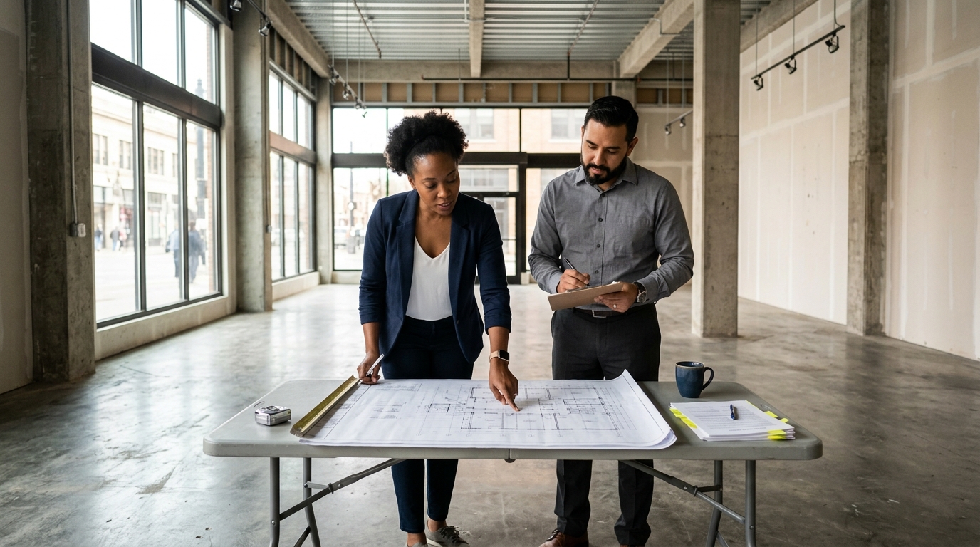 A retail business owner and a professional designer review floor plan blueprints spread across a folding table inside an empty white-box commercial retail space during a pre-lease due diligence visit, with natural light streaming through tall storefront windows, exposed ceiling joists, unpainted drywall, and bare concrete floors visible in the background, conveying the high-stakes nature of evaluating a commercial space before committing to a lease