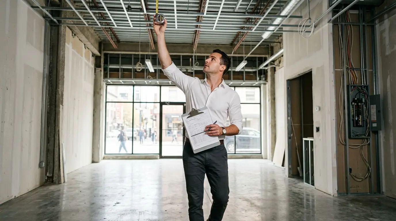 A professional retail designer in his mid-30s wearing dark charcoal slacks and a fitted white button-down shirt conducts a thorough pre-lease inspection inside an empty white-box commercial retail space, holding a metal clipboard with inspection forms and extending a retractable tape measure toward exposed ceiling joists to measure height, with raw construction details visible including unpainted drywall, exposed conduit, an open electrical panel, and polished concrete floors
