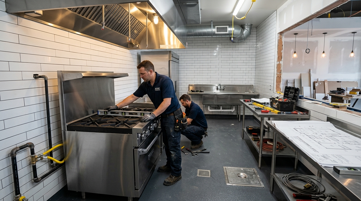 Close-up photograph of a commercial kitchen under construction during a restaurant buildout, showing stainless steel hood system installation above a cooking line with visible ductwork, fire suppression nozzles, and rough-in plumbing for a three-compartment sink. The space shows exposed ceiling infrastructure typical of the mid-construction phase. Type I hood systems like this one are among the most expensive single line items in a Texas restaurant buildout, often costing between fifteen thousand and forty thousand dollars installed.