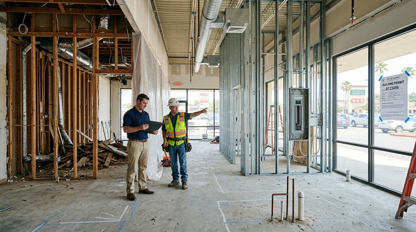 Overhead photograph of a commercial office space mid-renovation in a Texas high-rise building. A project manager wearing a white hard hat reviews tenant improvement blueprints on a temporary work table while two construction workers install new glass partition walls in the background. The space shows exposed ceiling infrastructure, partially installed HVAC ductwork, new electrical conduit runs, and stacked drywall sheets. Morning sunlight enters through floor-to-ceiling windows revealing a downtown skyline. Clean industrial aesthetic with concrete floors and steel framing.