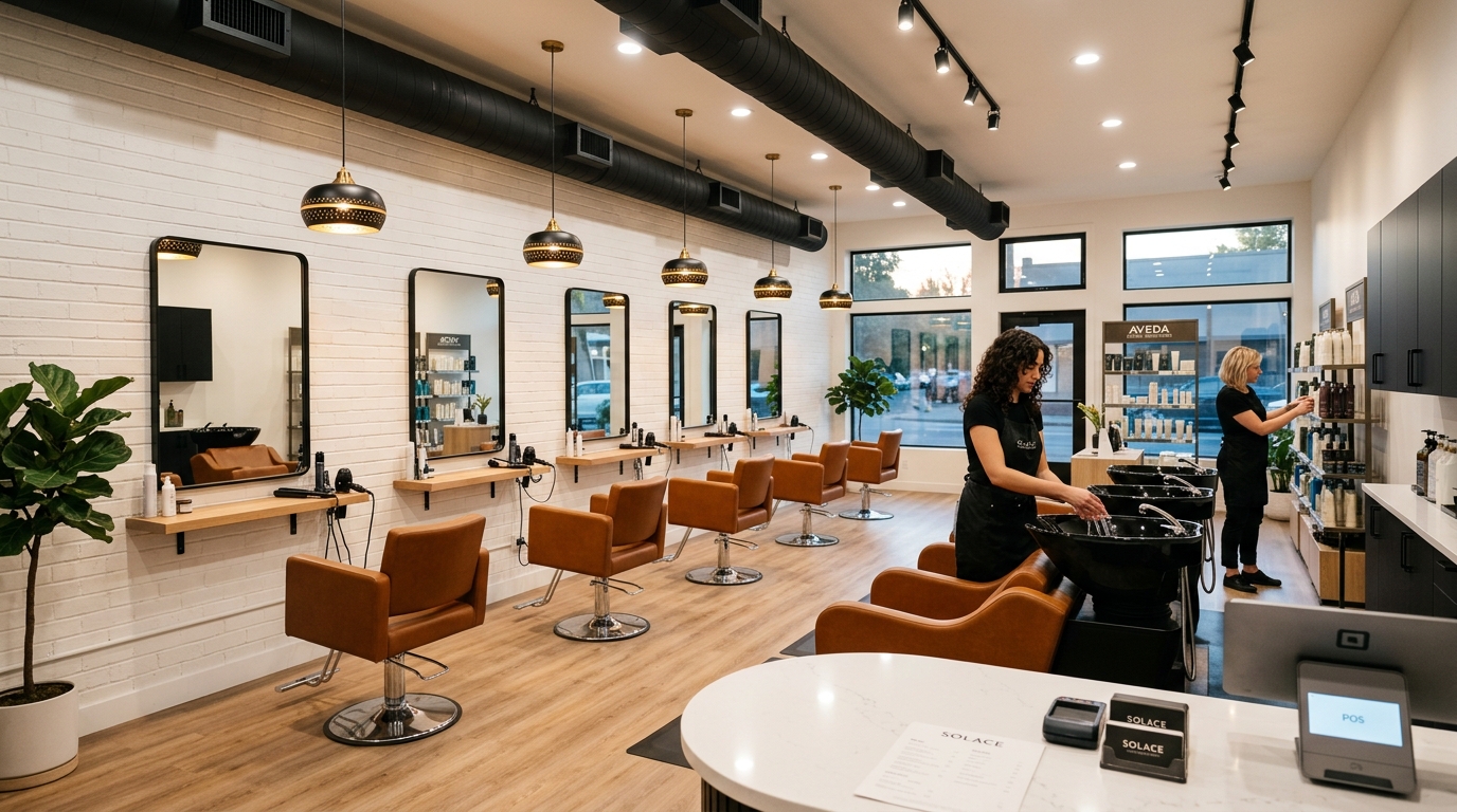 Overhead floor plan rendering of a modern salon layout showing eight styling stations arranged in two parallel rows with a central walkway, a dedicated shampoo bowl zone along the back wall with plumbing rough-ins visible, a reception desk near the entrance with a small retail display, warm wood-look luxury vinyl flooring throughout, pendant lighting above each station, and clear zone labels indicating wet zone and dry zone areas. The space is approximately 1,200 square feet with clean sightlines from the entrance to the back wall.