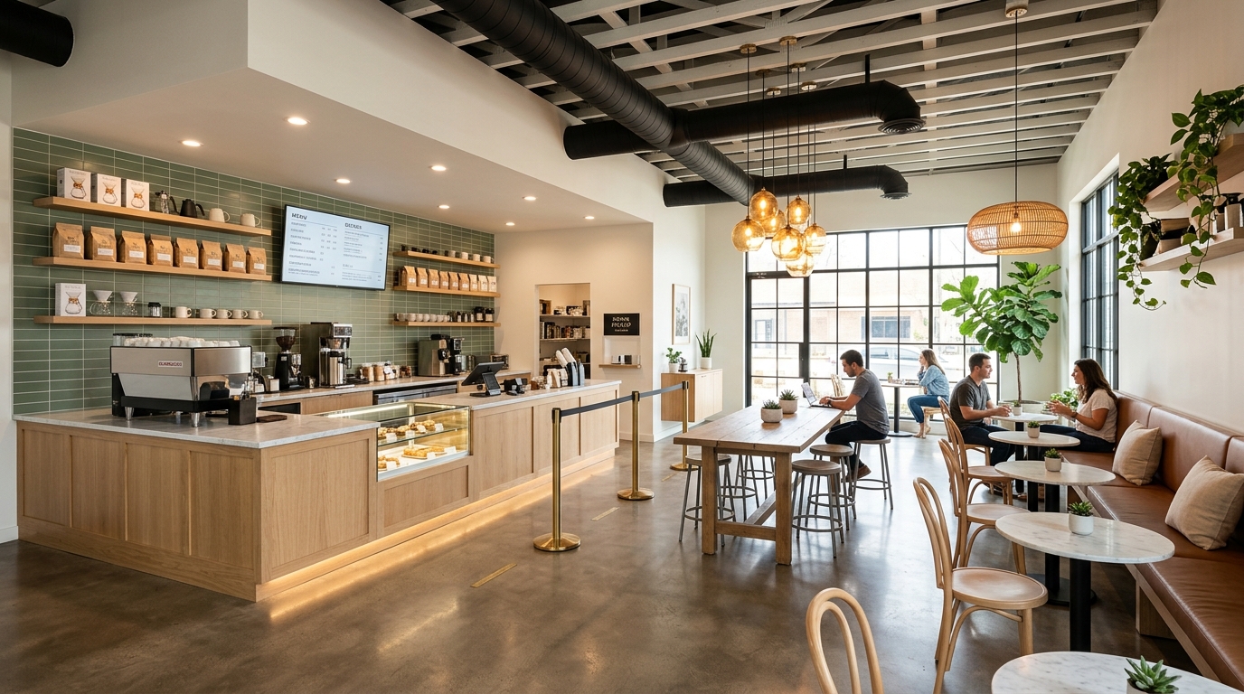 Interior of a modern Texas coffee shop showing a clear customer flow from the entrance to an order counter with a recessed point-of-sale station, a separate espresso bar with a two-group machine, and a pickup zone offset from the order line. Warm pendant lighting hangs over a communal oak table, with bar seating along a front window and soft lounge seating in the back corner. The layout keeps the barista work triangle compact while giving customers a queue path that does not cross the pickup area.