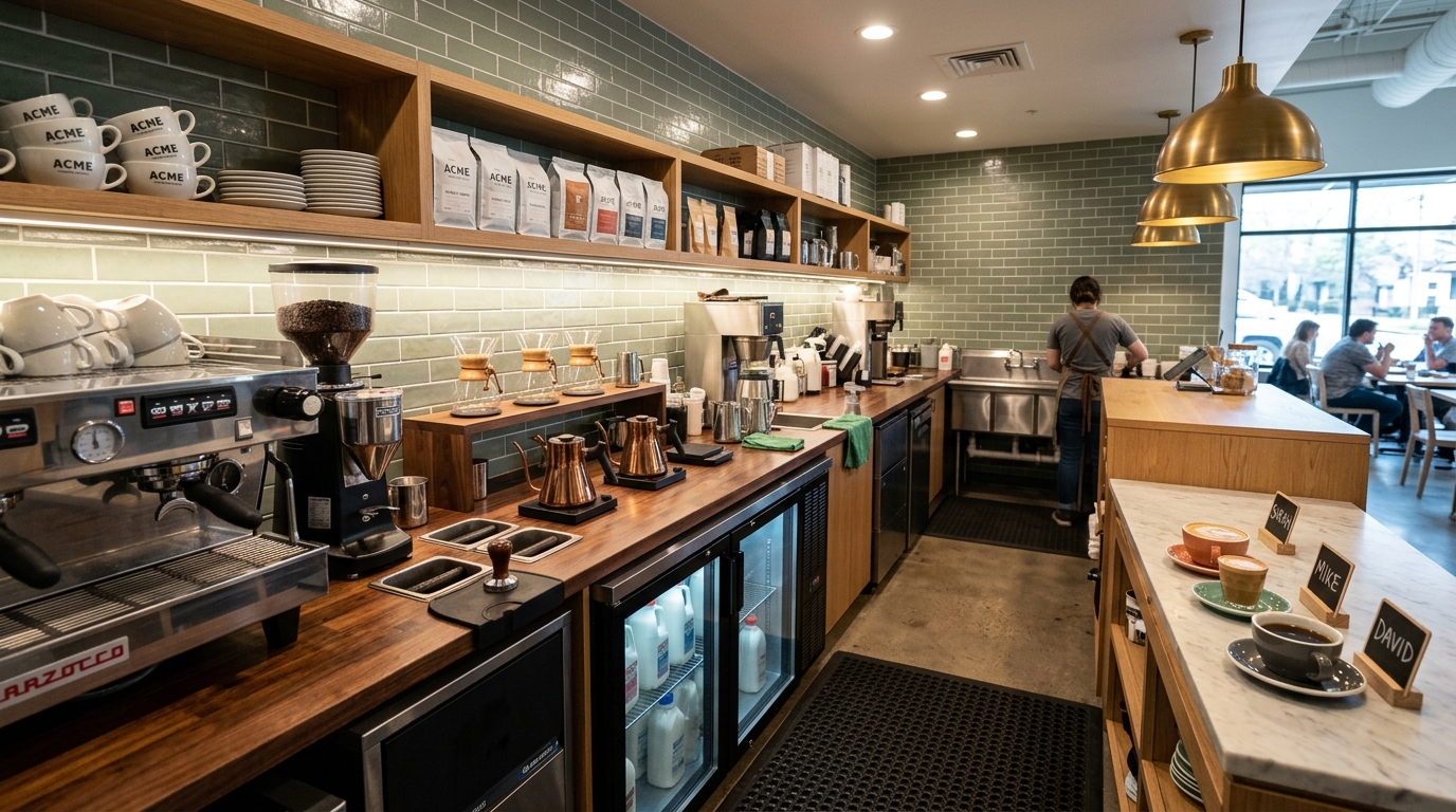 Overhead floor plan of a 1,400 square foot Texas coffee shop showing the five functional zones. The entrance opens into a queue path along the left wall leading to an L-shaped order counter, with the espresso production bar set behind it and a pickup shelf offset to the right near the exit. A three-compartment sink, handwash sink, and prep area sit in a back-of-house corner near the waste stack. Seating fills the right two-thirds of the room with window bar seating along the storefront glass, a central communal table, and soft lounge seating in the rear corner, with an accessible restroom in the back.