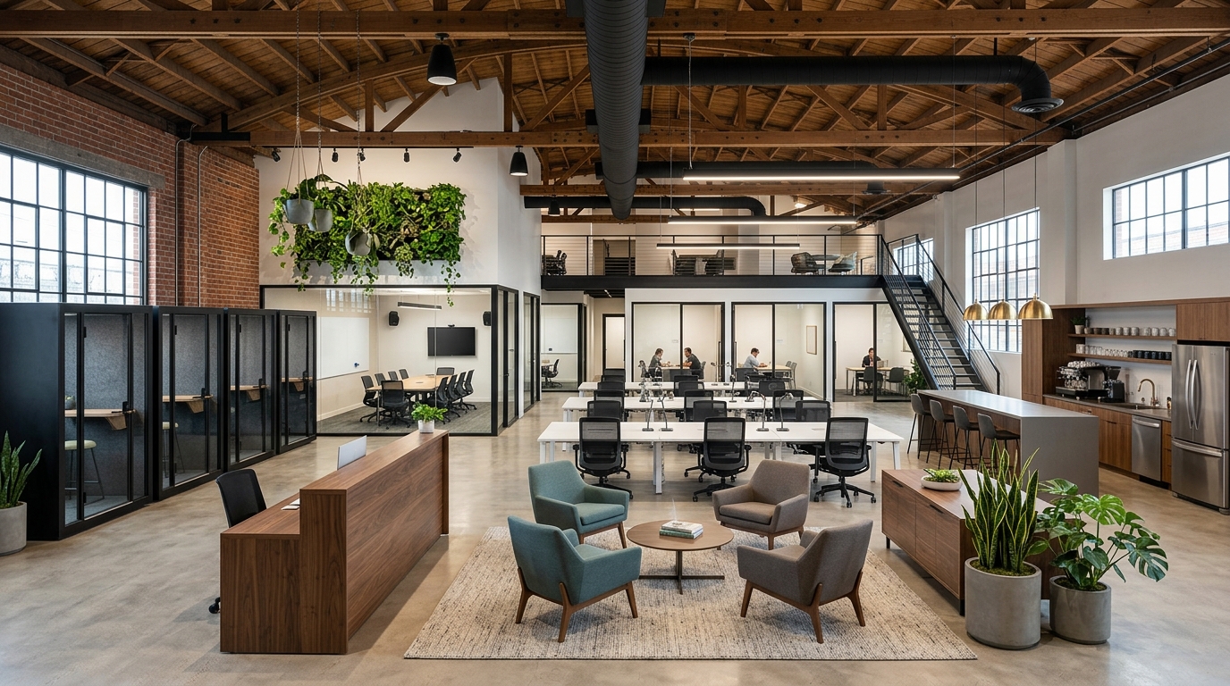 Interior of a modern Texas coworking space showing a layered floor plan with an open hot-desk area lit by pendant lighting, a row of glass-fronted private offices along one wall, two acoustic phone booths near the center, and a lounge with soft seating and a coffee pantry in the foreground. Biophilic touches include planters dividing zones and a living wall behind the reception desk. The layout keeps quiet focus areas separated from the social cafe zone, with wide circulation aisles and exposed but acoustically treated ceilings.