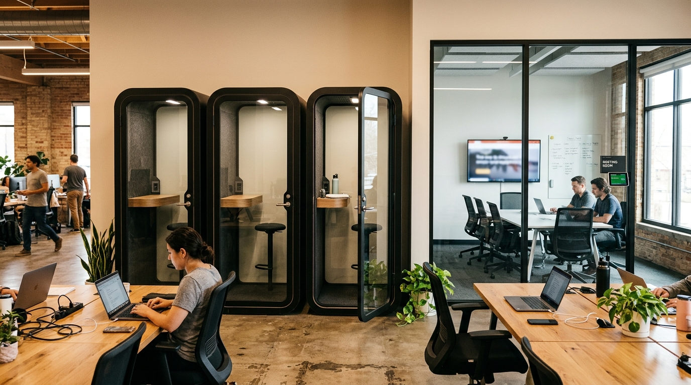 Overhead floor plan of a 6,000 square foot Texas coworking space showing zoned layout. Near the entrance sits a reception desk, a cafe and pantry, and a lounge forming a social spine. Behind a glass partition, an open hot-desk area occupies the center with dedicated desks along one side. A row of glass-fronted private offices lines the rear wall, with a large conference room near the entrance for external rental and two smaller meeting rooms distributed through the floor. Four acoustic phone booths are placed near desk clusters, and wide 60-inch circulation aisles connect all zones, with an accessible restroom in the back.