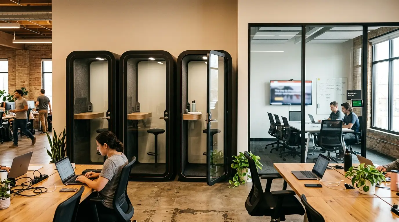 Overhead floor plan of a 6,000 square foot Texas coworking space showing zoned layout. Near the entrance sits a reception desk, a cafe and pantry, and a lounge forming a social spine. Behind a glass partition, an open hot-desk area occupies the center with dedicated desks along one side. A row of glass-fronted private offices lines the rear wall, with a large conference room near the entrance for external rental and two smaller meeting rooms distributed through the floor. Four acoustic phone booths are placed near desk clusters, and wide 60-inch circulation aisles connect all zones, with an accessible restroom in the back.