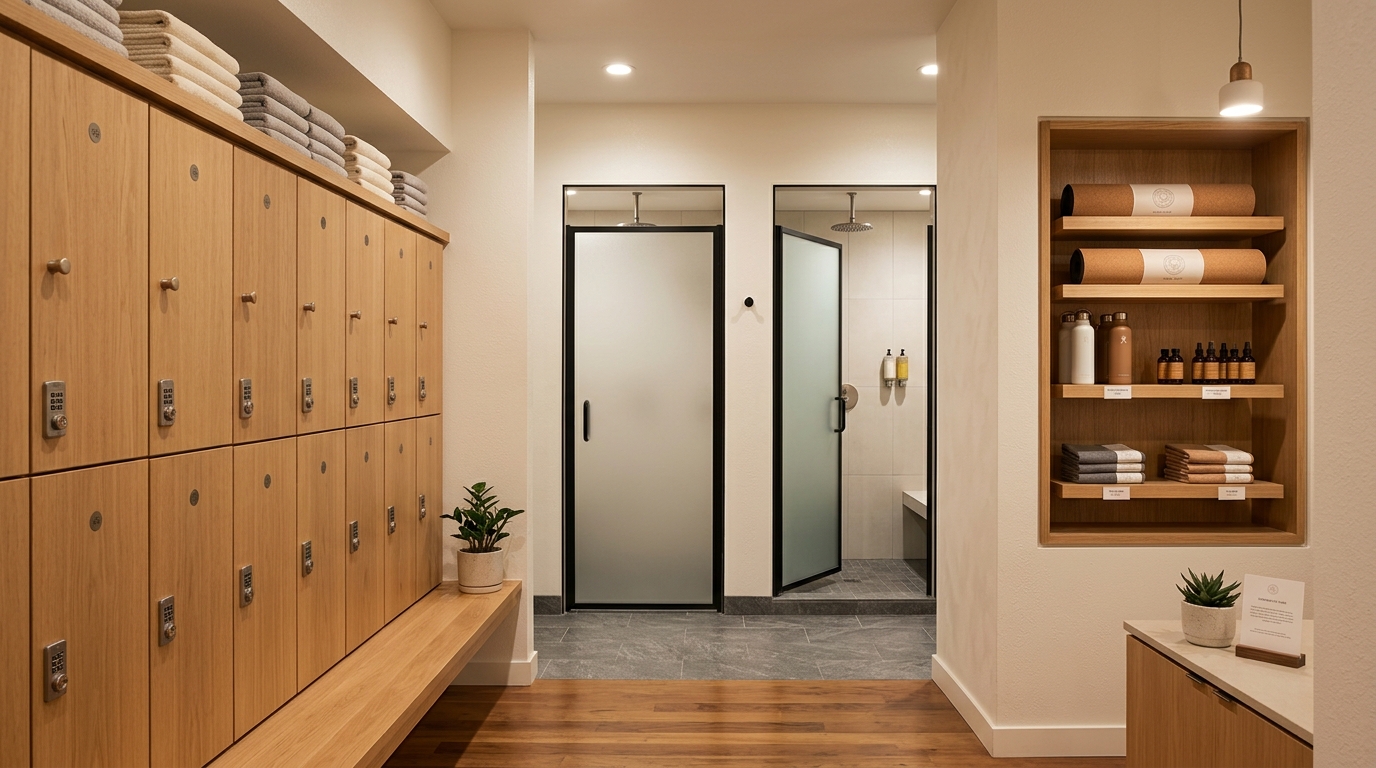Overhead floor plan of a 2,500 square foot Texas yoga studio showing the calm-building flow. The entrance opens to a small reception and retail nook, then a shoe cubby and transition hallway, leading through an acoustic double-door buffer into a 650 square foot practice room sized for 20 students with an instructor platform at the front. To one side are two changing rooms with lockers and a single shower each, and a quiet props storage closet opens off the practice room. Restrooms and a small staff area sit in the back-of-house, with HVAC diffusers marked high on the practice room walls to avoid drafts across the mats.