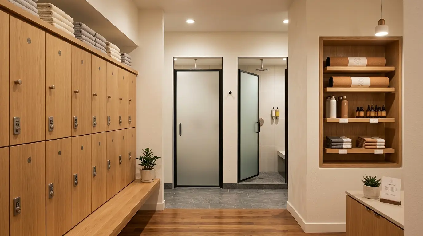 Overhead floor plan of a 2,500 square foot Texas yoga studio showing the calm-building flow. The entrance opens to a small reception and retail nook, then a shoe cubby and transition hallway, leading through an acoustic double-door buffer into a 650 square foot practice room sized for 20 students with an instructor platform at the front. To one side are two changing rooms with lockers and a single shower each, and a quiet props storage closet opens off the practice room. Restrooms and a small staff area sit in the back-of-house, with HVAC diffusers marked high on the practice room walls to avoid drafts across the mats.