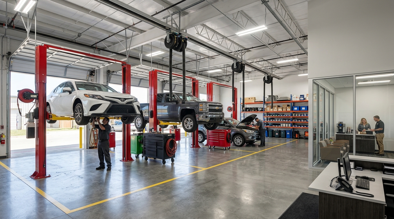 Interior of a clean, well-organized Texas auto repair shop with multiple service bays in a row, each fitted with a two-post lift and a vehicle raised for undercarriage work. Polished sealed concrete floors reflect bright overhead LED lighting, rolling tool chests sit beside each bay, and an exhaust extraction hose drops from the ceiling to a tailpipe. Along the back wall is a parts and supply area with labeled shelving, while a glass partition separates the service floor from a tidy front customer waiting area with seating and a service counter.