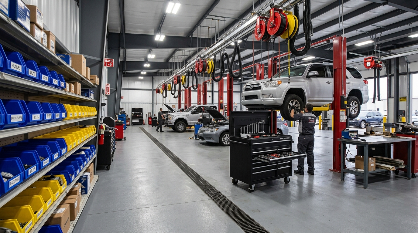 A Texas auto repair shop service floor viewed from the parts area looking toward the bays, showing overhead retractable reels delivering compressed air and electrical to each work station, ceiling-mounted exhaust extraction hoses, and bright even LED lighting. The sealed concrete floor slopes subtly toward a trench drain, rolling tool cabinets are staged at each bay, and a labeled parts shelving system lines the foreground wall. The space is clean, organized, and built for efficient technician movement between vehicles.