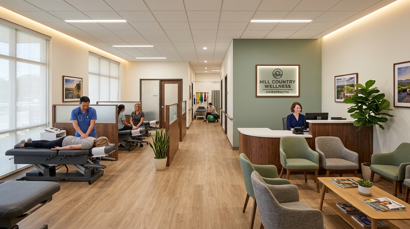 Interior of a calm, modern Texas chiropractic office showing an open adjusting bay with two adjustment tables spaced for privacy, warm wood-tone flooring, and soft indirect lighting. A low partition with biophilic accents separates the adjusting area from a tidy therapy zone with traction and rehab equipment. Toward the front, a welcoming reception desk and comfortable waiting seating are visible through a wide opening, with clear, unobstructed circulation paths sized for accessible movement throughout the space.