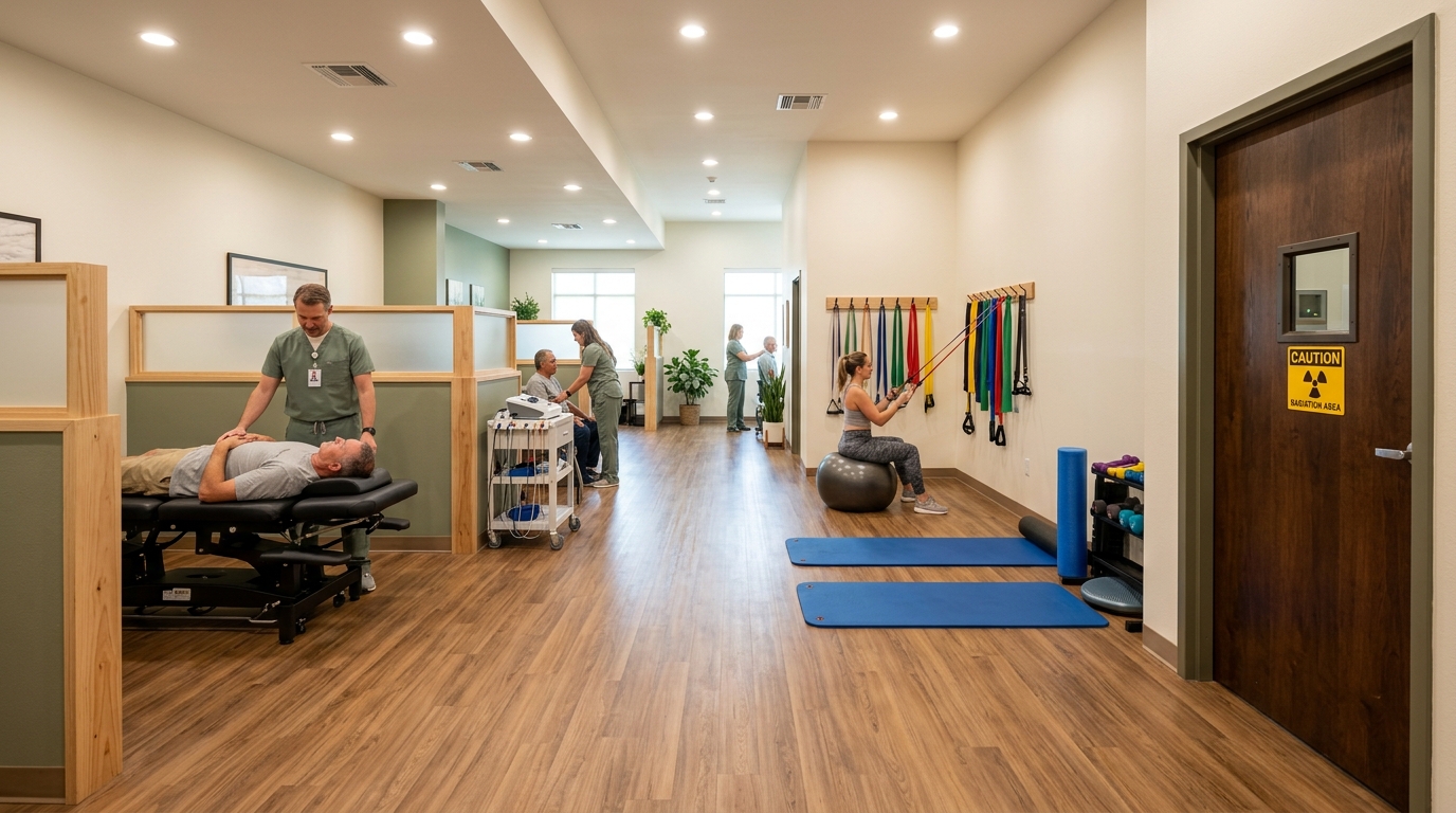 A Texas chiropractic therapy and rehabilitation zone with a traction table, an electrical stimulation station, and an open floor area with exercise mats and resistance equipment, all set on cushioned flooring under bright even lighting. A clearly marked, lead-lined X-ray room with a control window is visible to one side. Circulation paths are wide and unobstructed, partitions provide visual separation between therapy stations, and the overall space feels clinical yet calm and easy to move through.