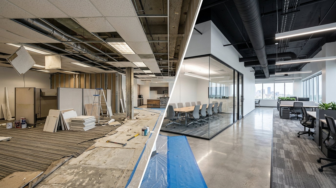 A bright, recently renovated Texas commercial office interior showing an open workspace with new sealed concrete and carpet-tile flooring, fresh white and warm-wood walls, modern recessed and linear LED lighting, and a glass-walled conference room to one side. Workstations are arranged in clusters, a small kitchenette and lounge area sit in the background, and exposed but neatly painted ceiling elements reveal updated ductwork and electrical. The space looks clean, contemporary, and professionally finished, illustrating a mid-range office renovation.
