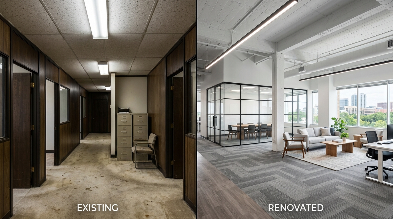 A side-by-side conceptual view of a Texas office renovation, with one half showing a dated existing office with older drop ceilings, worn carpet, and enclosed private offices, and the other half showing the same footprint reimagined with an open plan, glass-walled meeting rooms, updated linear LED lighting, fresh flooring, and a bright collaborative lounge. The contrast illustrates the difference between a cosmetic refresh and a full gut renovation, with clean transitions and modern, professional finishes on the renovated side.