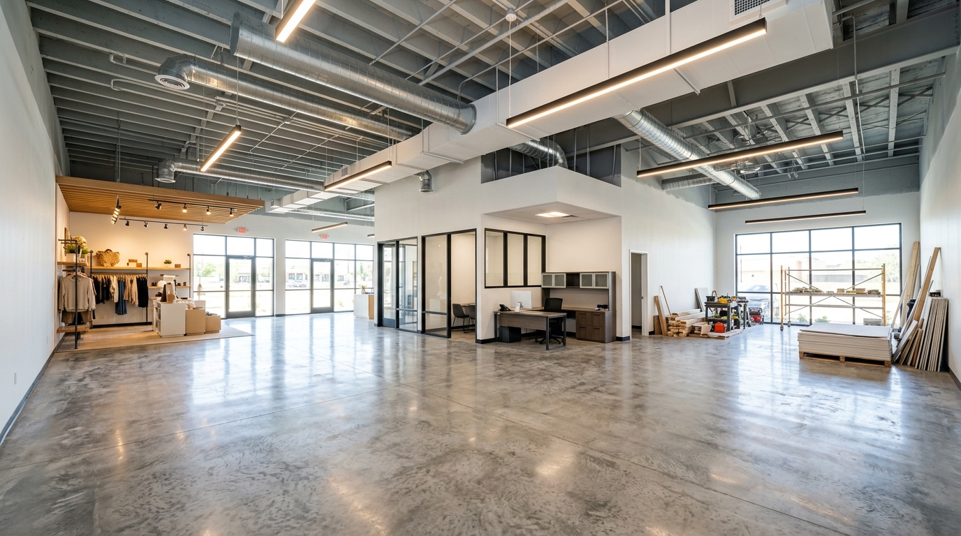 A wide interior view of a Texas commercial property mid-remodel transitioning into a finished state, showing a large open space with new polished concrete floors, freshly painted walls, modern suspended LED lighting, and exposed updated ductwork being enclosed. One area is staged as a finished retail-style storefront with display fixtures, another as a small office with glass partitions, illustrating how a single commercial shell can be remodeled for different uses. The scene is bright, clean, and professionally finished, conveying a versatile commercial remodel.