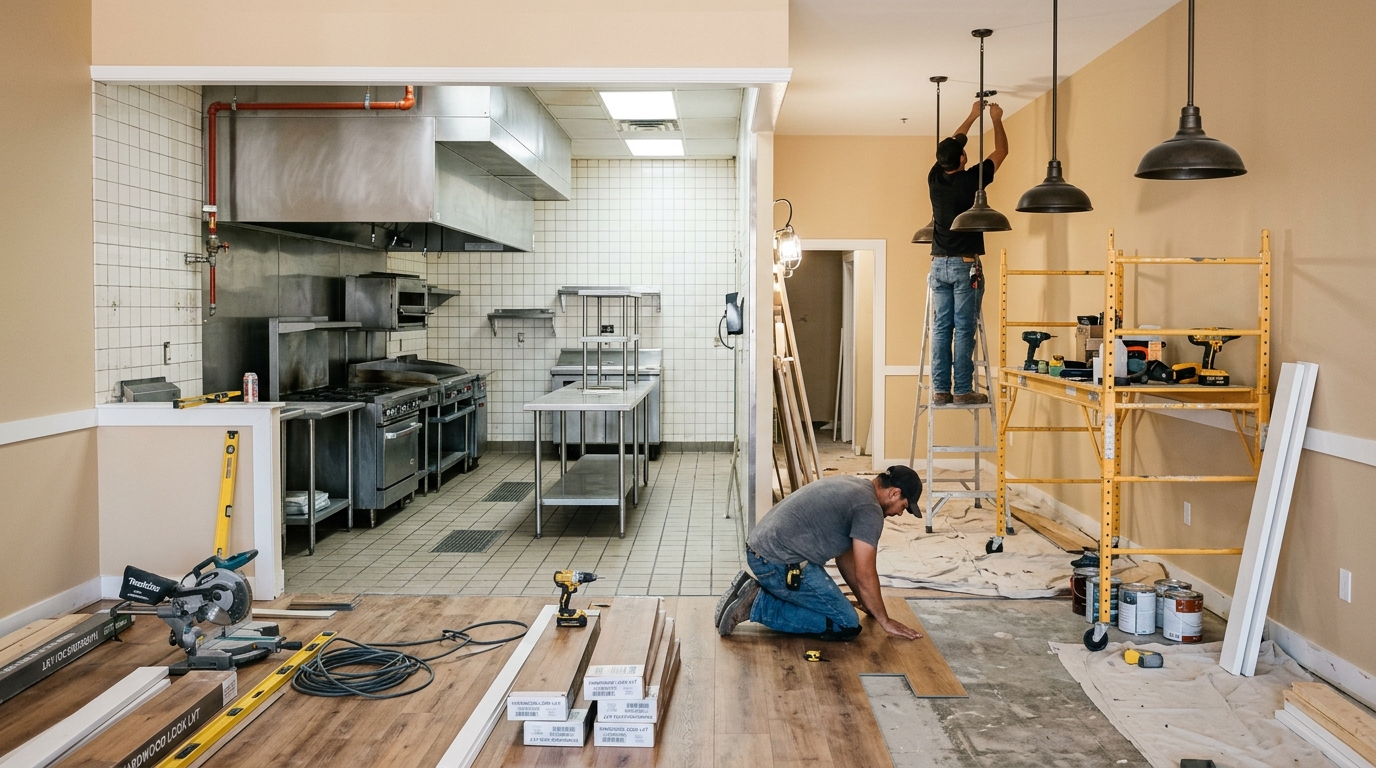 A Texas second-generation restaurant space being remodeled, showing an existing commercial kitchen with a stainless steel exhaust hood, tiled walls, and floor drains already in place, while the dining area in the foreground is being refreshed with new flooring, paint, and lighting. The image highlights how reusing existing kitchen infrastructure lowers remodel cost, with the back-of-house systems intact and the front-of-house receiving cosmetic and layout updates under bright, clean work lighting.