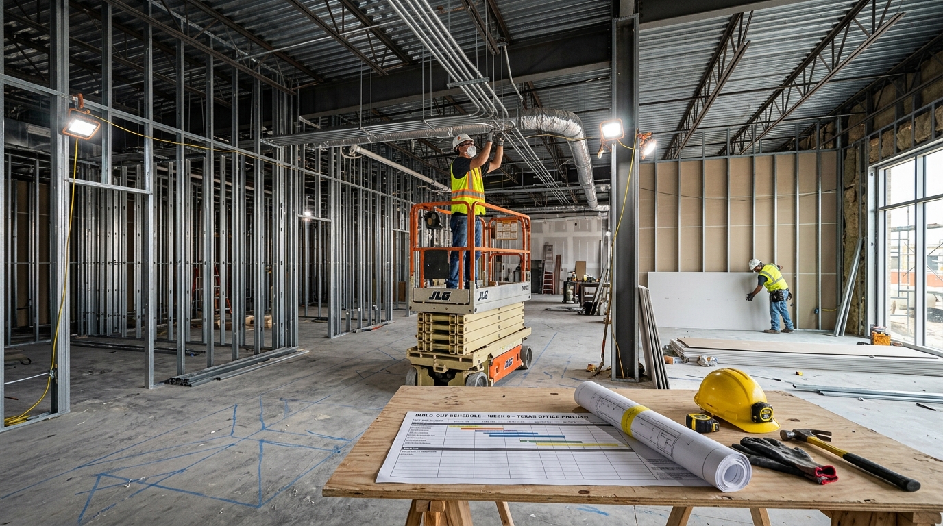 A Texas commercial space at an active buildout stage, showing framed interior walls with exposed studs, overhead ductwork and electrical conduit being installed, and a concrete floor marked with layout lines. Workers in the background install drywall while a project schedule and rolled drawings rest on a temporary table in the foreground. Bright temporary work lighting illuminates the space, conveying a buildout in mid-construction with clear evidence of coordinated trades progressing on a timeline.