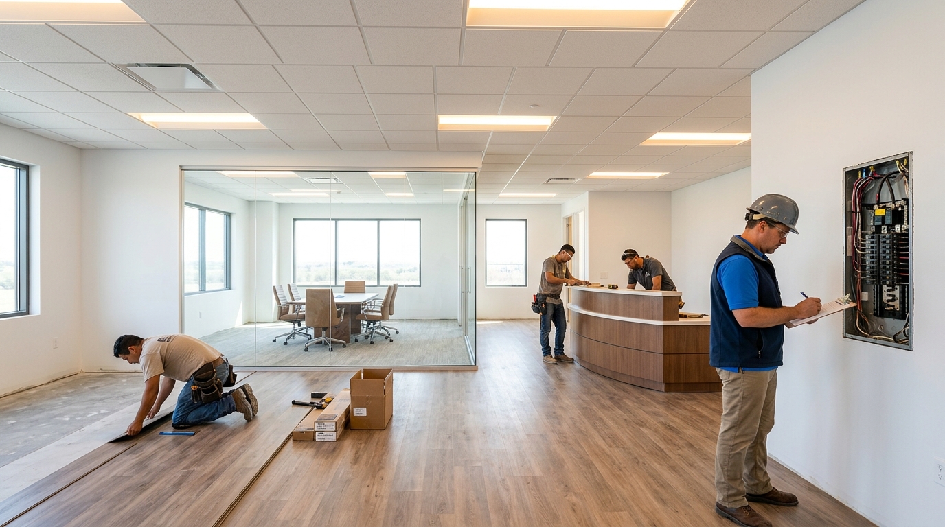 A nearly complete Texas commercial buildout in the finishing phase, showing freshly painted walls, installed suspended ceiling grid with LED light panels, new flooring being laid in one section, and a finished glass-walled conference room. An inspector with a clipboard reviews an electrical panel in the background while finish carpenters install millwork. The space is bright and clean, conveying the transition from construction to final inspection and occupancy readiness.