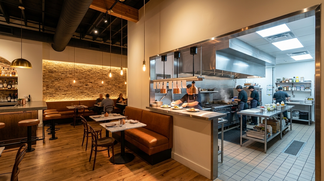 A renovated Texas restaurant interior showing a warm, modern dining room with new wood and tile flooring, banquette and table seating, pendant lighting, and an exposed but neatly finished ceiling. Through a pass-through window, a stainless steel commercial kitchen is visible with a large exhaust hood, prep stations, and cooking line. The space looks freshly finished and inviting, with a bar along one wall, illustrating a complete restaurant renovation that balances front-of-house atmosphere and back-of-house function.