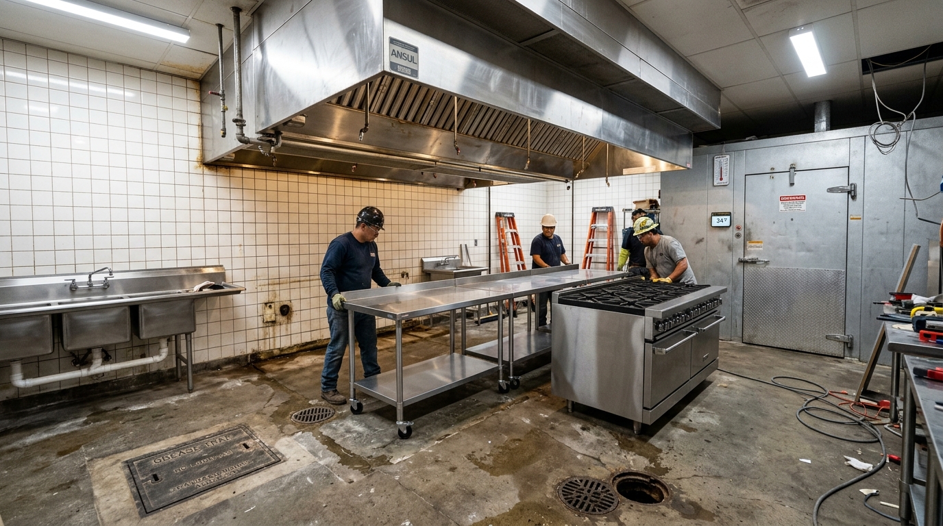 A Texas second-generation restaurant kitchen being renovated, showing an existing stainless steel exhaust hood and fire suppression system retained in place, tiled walls, and floor drains, while new prep tables and cooking equipment are installed beneath the hood. A visible grease interceptor access cover sits in the sloped concrete floor. The scene illustrates how reusing existing kitchen infrastructure focuses the renovation budget on equipment and finishes rather than rebuilding costly systems, under bright work lighting.