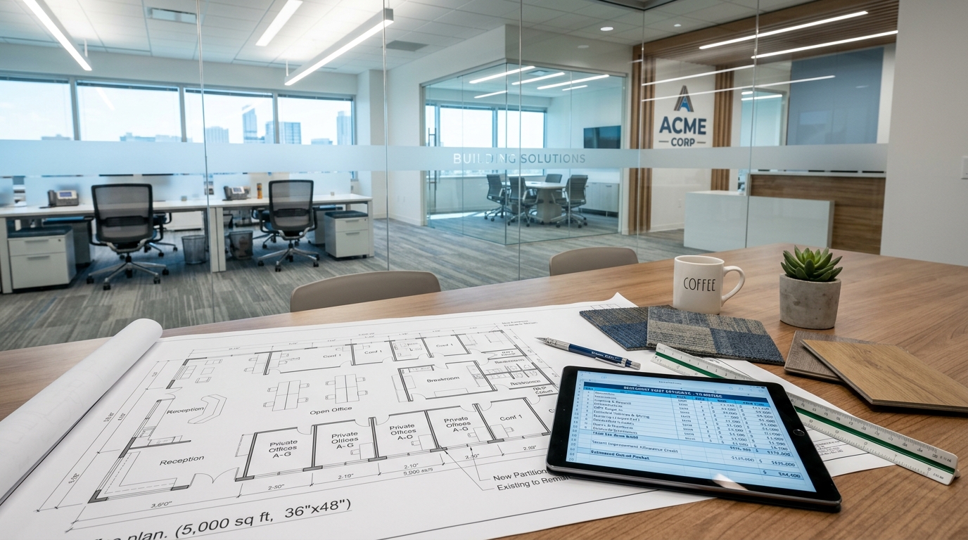 A conceptual Texas office buildout estimate visualization showing a clean floor plan drawing on a table alongside a tablet displaying a per-square-foot cost breakdown, with a finished glass-walled office and open workstation area softly blurred in the background. The image conveys the process of estimating an office buildout from square footage, finish level, and tenant improvement allowance, in a bright, professional setting with organized planning materials.